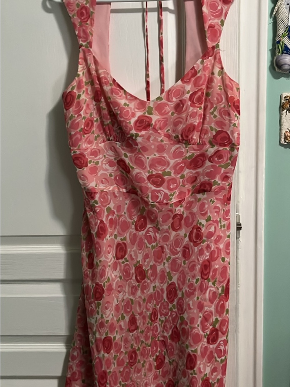 Pink Floral Silk Midi Dress
